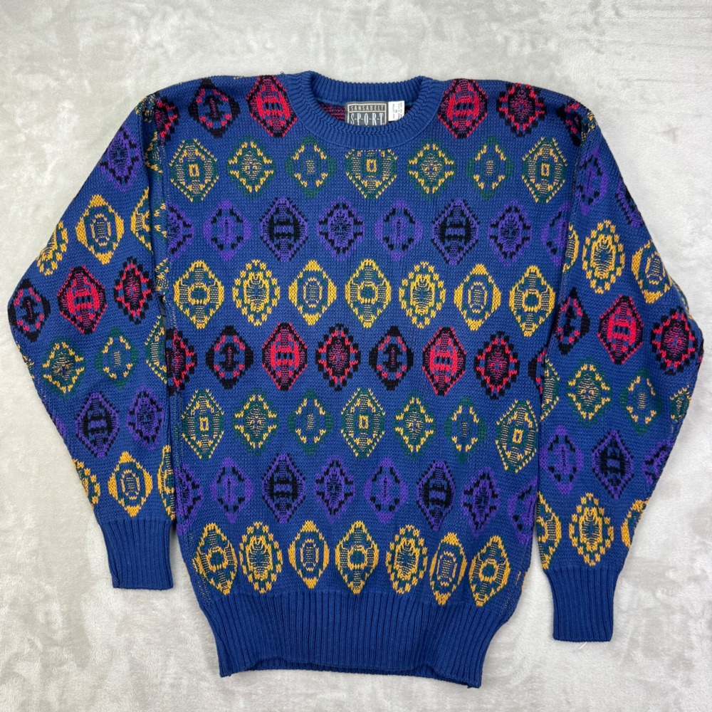 Sansabelt‎ Sport Sweater Mens M Blue Cosby Geometric Vintage 90s Knit Crewneck